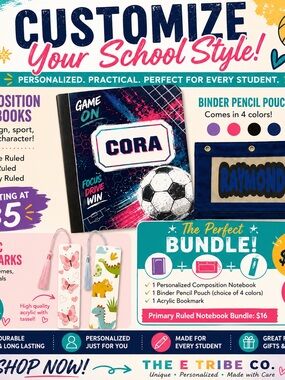 Custom Notebook Pencil Pouch and Bookmark - Personalized Back to School Supplies